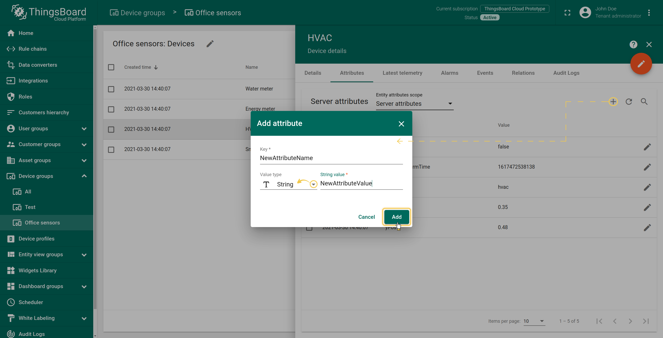 Working with IoT device attributes | ThingsBoard Cloud